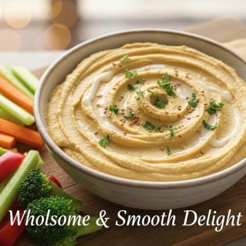 A bowl of creamy, smooth hummus garnished with parsley, served with colorful fresh vegetable sticks and warm flatbread on a rustic wooden platter.