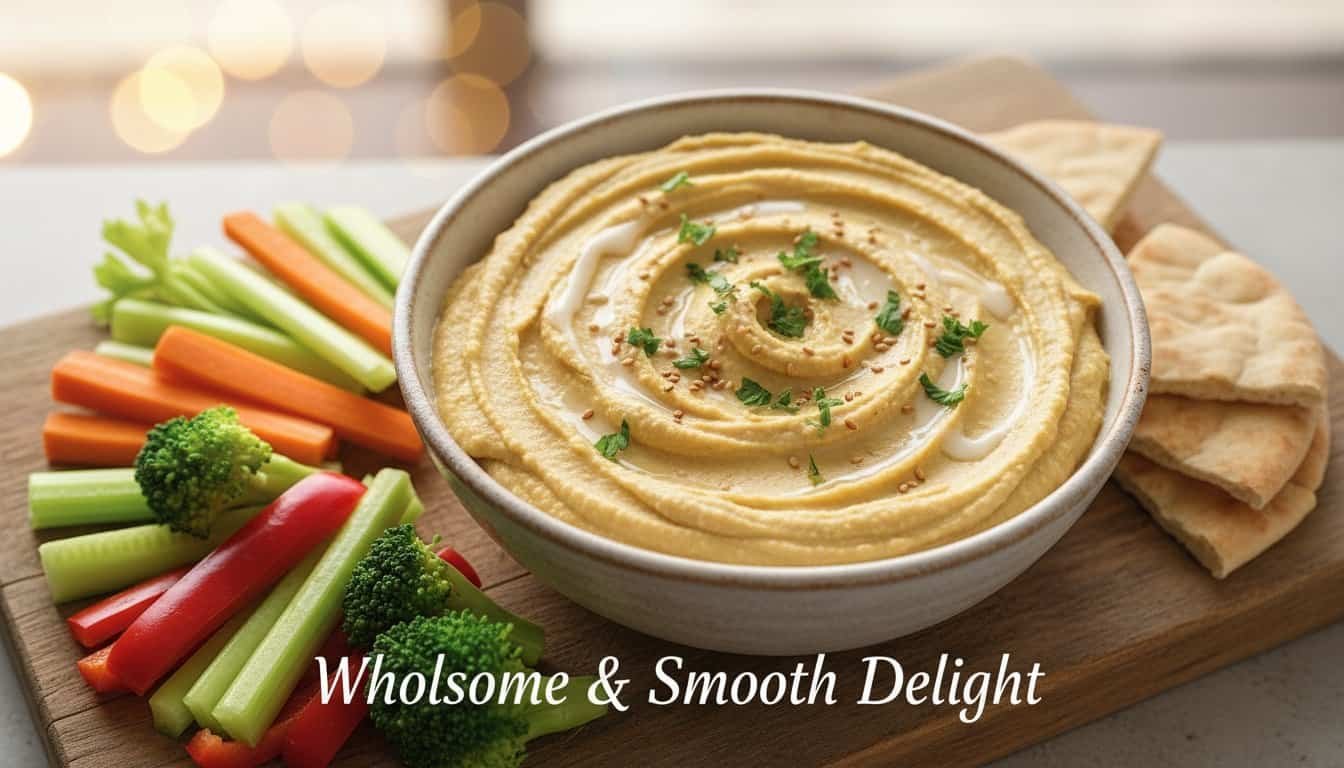 A bowl of creamy, smooth hummus garnished with parsley, served with colorful fresh vegetable sticks and warm flatbread on a rustic wooden platter.