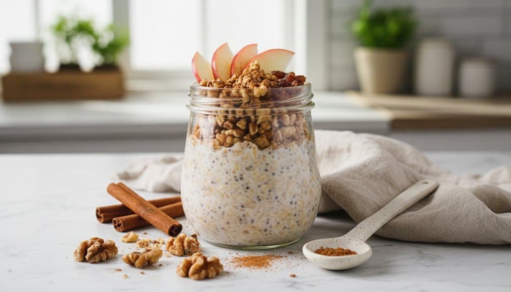 Healthy oatmeal breakfast with apples, nuts, cinnamon, and granola in a glass jar. Perfect for a nutritious start to your day with a cozy, bright kitchen background.