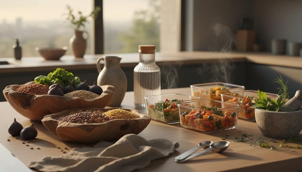 Dr. Axe's Daniel Fast Guide Everyone's Talking About My Bible Song 2026 A serene kitchen setting with healthy, colorful salads, grains, fresh herbs, and decorative pottery on a wooden table, illuminated by natural sunlight from large windows, representing wholesome living and faith.
