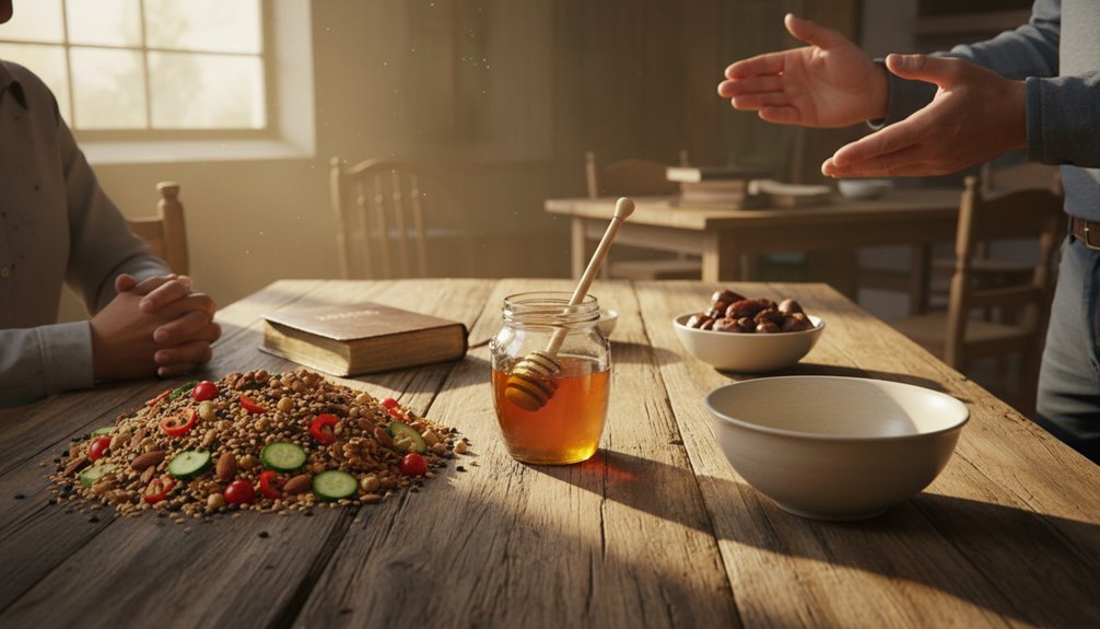 A biblical-inspired scene of honey, nuts, and fresh vegetables on a rustic wooden table, symbolizing a biblical meal offering with prayer and blessings in a serene setting.