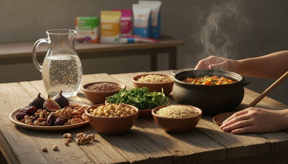 A biblical-inspired meal spread showcasing fruits, grains, and a warm soup, emphasizing faith and blessings. Ideal for church events, spiritual worship, and family devotion time connected to My Bible Song.