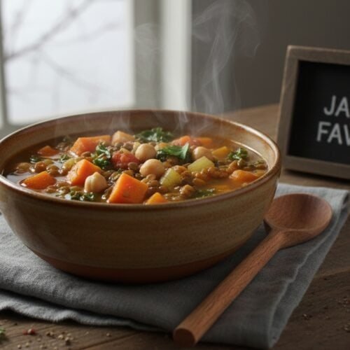 Delicious vegetable soup with carrots, chickpeas, and greens served in a ceramic bowl, highlighting comfort food for the New Year.