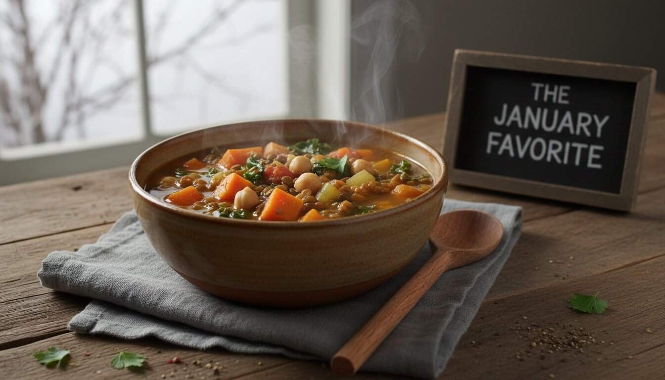 Delicious vegetable soup with carrots, chickpeas, and greens served in a ceramic bowl, highlighting comfort food for the New Year.