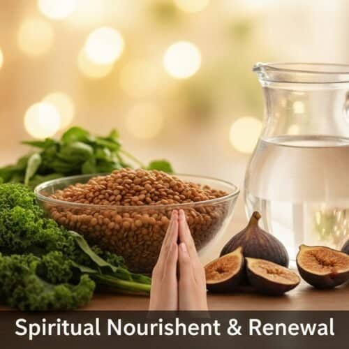 Nourishing plant-based foods and water for spiritual growth and renewal, emphasizing health and faith-based living.