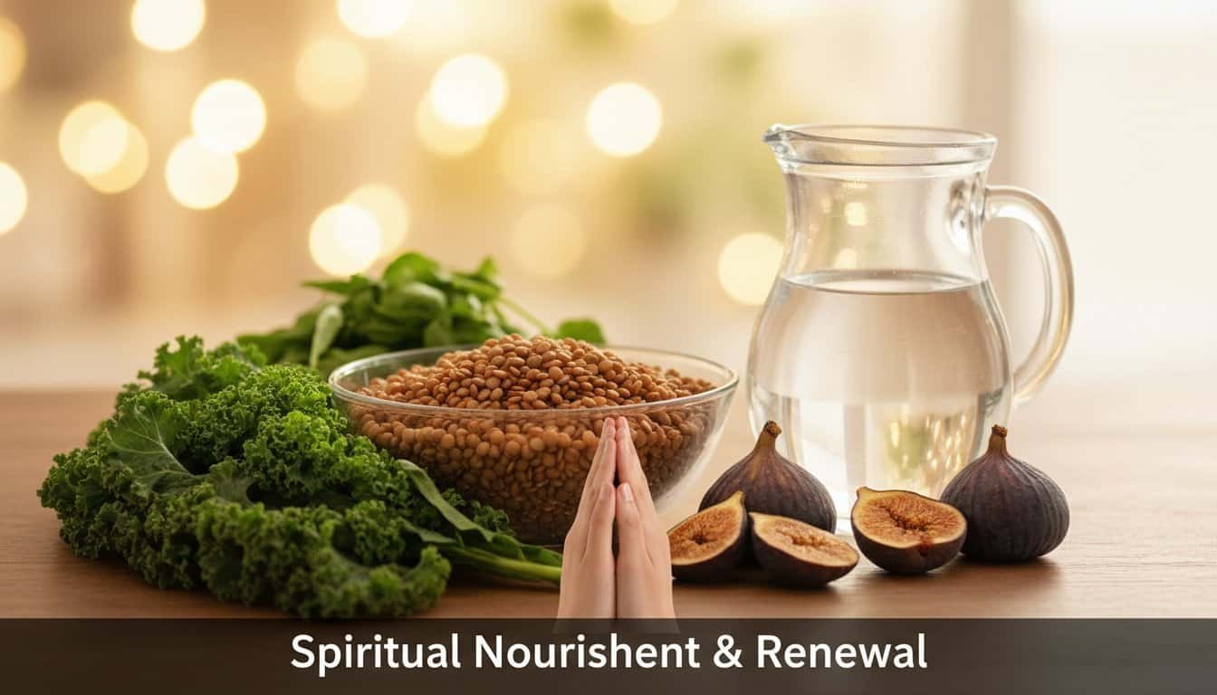 Nourishing plant-based foods and water for spiritual growth and renewal, emphasizing health and faith-based living.