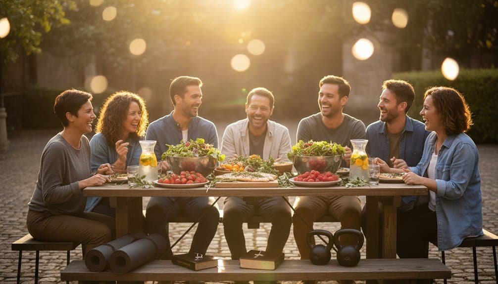 A group of friends sharing a joyful moment around a table with food and drinks, enjoying music, friendship, and faith in a beautiful outdoor setting at sunset.