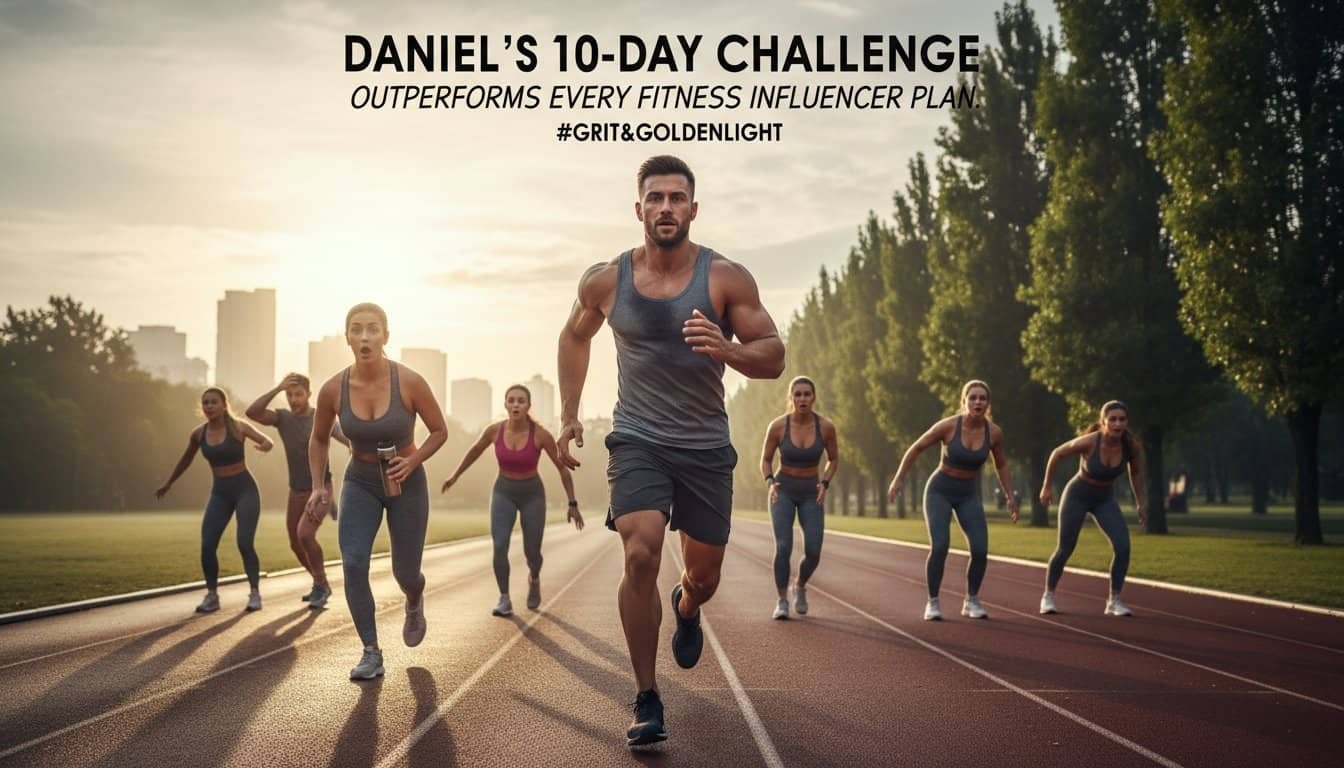 High-resolution image of an intense outdoor fitness challenge featuring a man running on a track with a group of women encouraging him, symbolizing dedication and perseverance for physical and spiritual growth.
