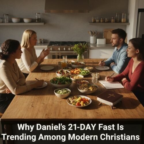 Alt: Modern Christian family gathered at a kitchen table for prayer and scripture reading before a healthy meal, illustrating family faith and spiritual growth within contemporary Christian life.