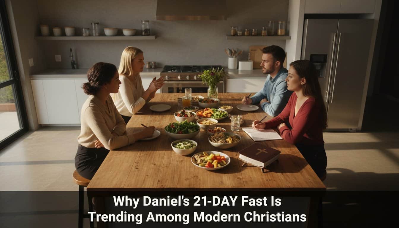 Alt: Modern Christian family gathered at a kitchen table for prayer and scripture reading before a healthy meal, illustrating family faith and spiritual growth within contemporary Christian life.