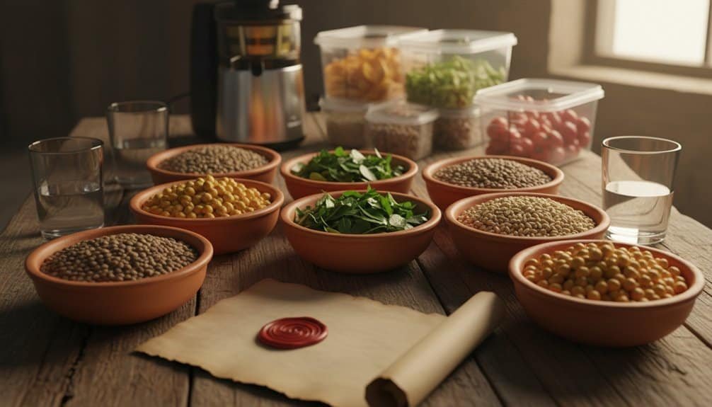 A peaceful scene of various beans, fresh greens, and prayer symbols on a rustic table, emphasizing faith, nourishment, and spiritual connection.