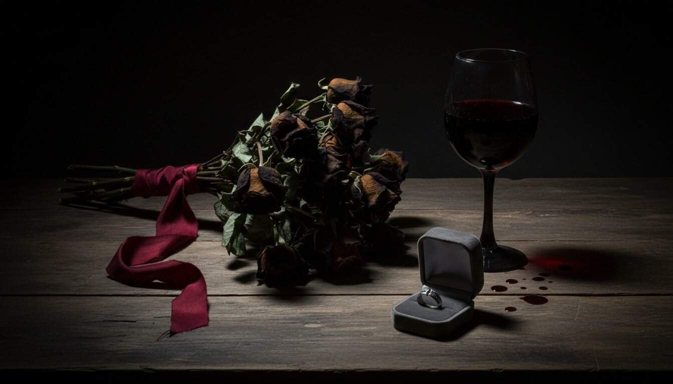 Dried roses, spilled red wine, and an engagement ring in a box on a dark wooden surface symbolize heartbreak and lost love, perfect for themes of love, betrayal, or emotional pain.