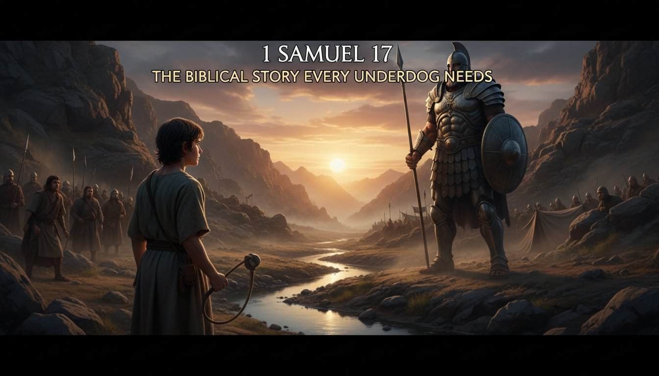 Young boy and armored soldier in biblical scene at sunset, emphasizing God's biblical stories and teachings for kids. Perfect for Christian education, Bible stories, and faith-based children's content.