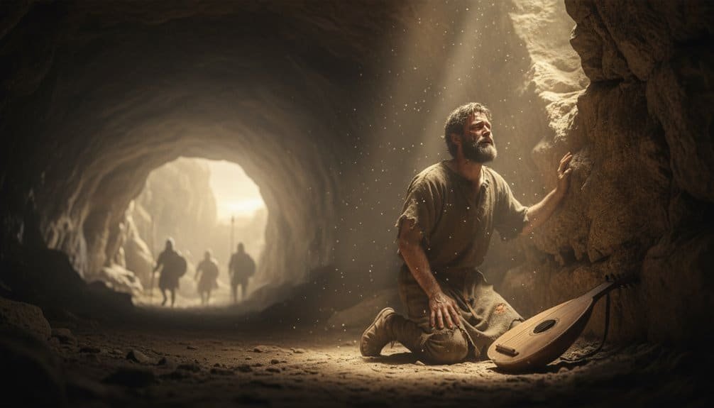 A man prays and plays a guitar inside a cave with sunlight streaming in, symbolizing faith and hope during difficult times. Background figures walk toward the light, illustrating spiritual guidance and perseverance.