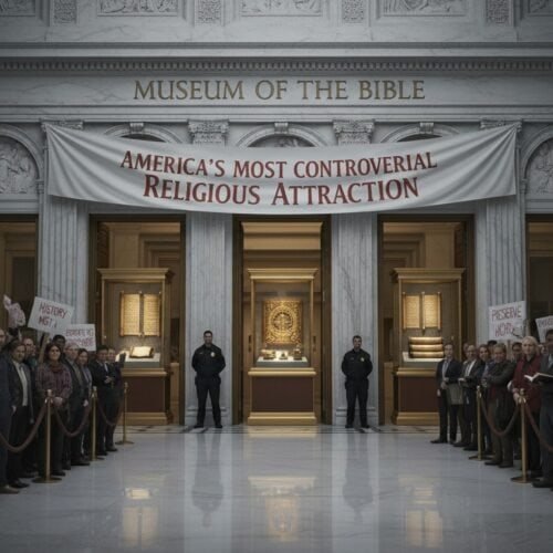 Crowd of diverse protesters holding signs in front of the Museum of the Bible for religious and educational freedom awareness.