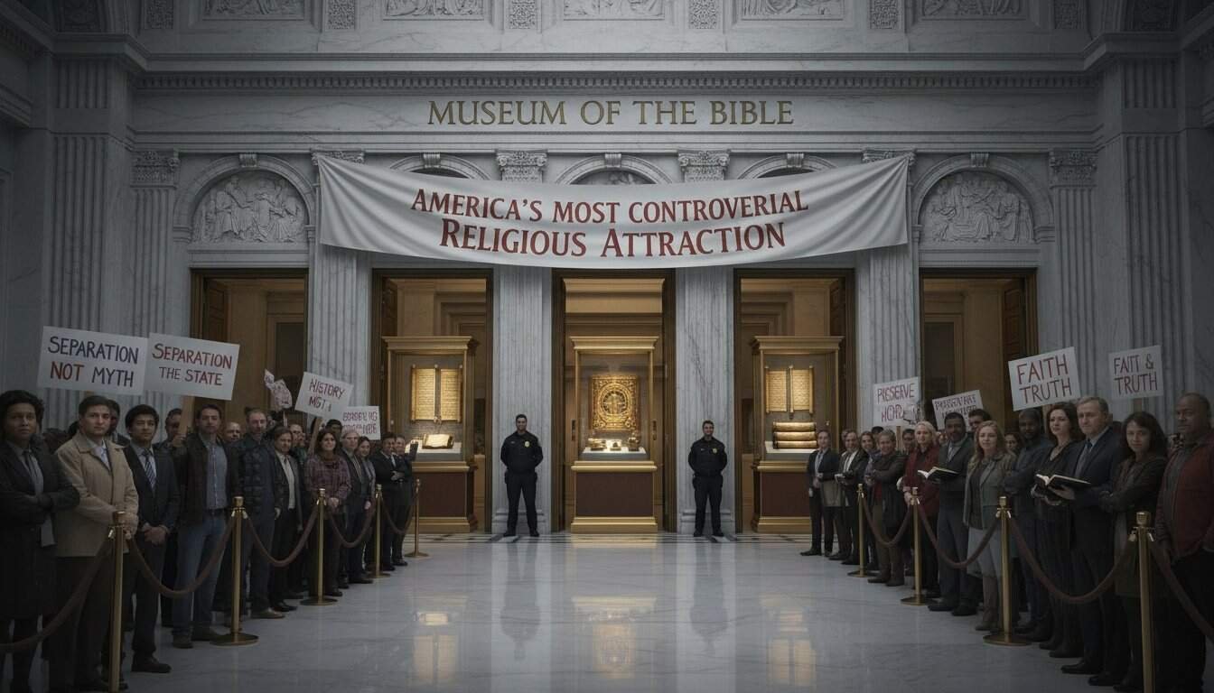 Crowd of diverse protesters holding signs in front of the Museum of the Bible for religious and educational freedom awareness.