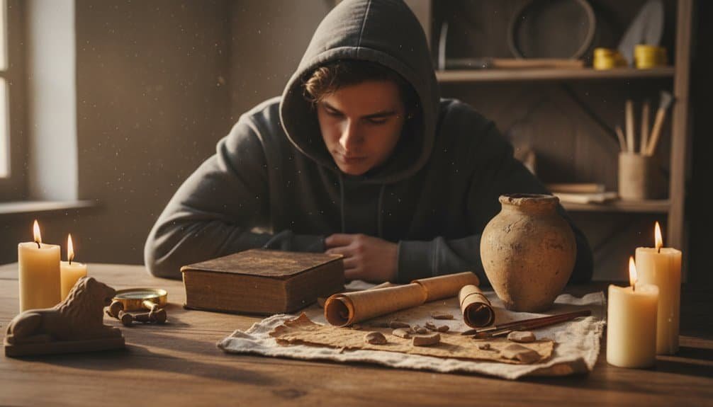 Young man praying with Bible in dimly lit room, candles, ancient scrolls, and religious artifacts, reflecting faith, devotion, and spirituality.