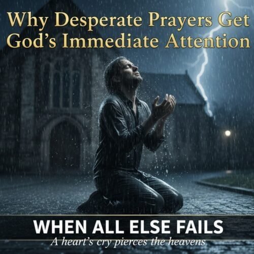 Why Desperate Prayers Get God's Immediate Attention My Bible Song 2026 An individual kneeling in prayer during a thunderstorm, symbolizing desperation and faith, with rain pouring and lightning illuminating the night sky.