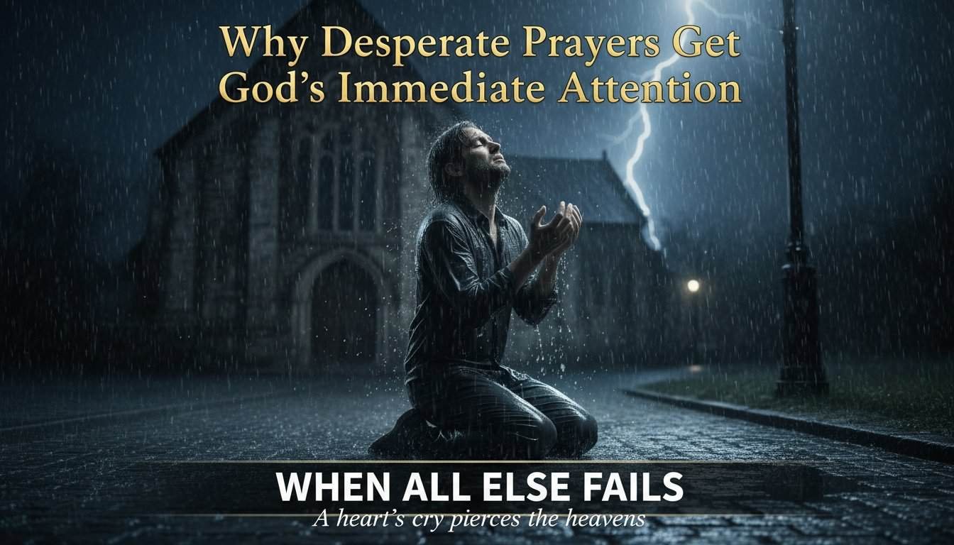 An individual kneeling in prayer during a thunderstorm, symbolizing desperation and faith, with rain pouring and lightning illuminating the night sky.