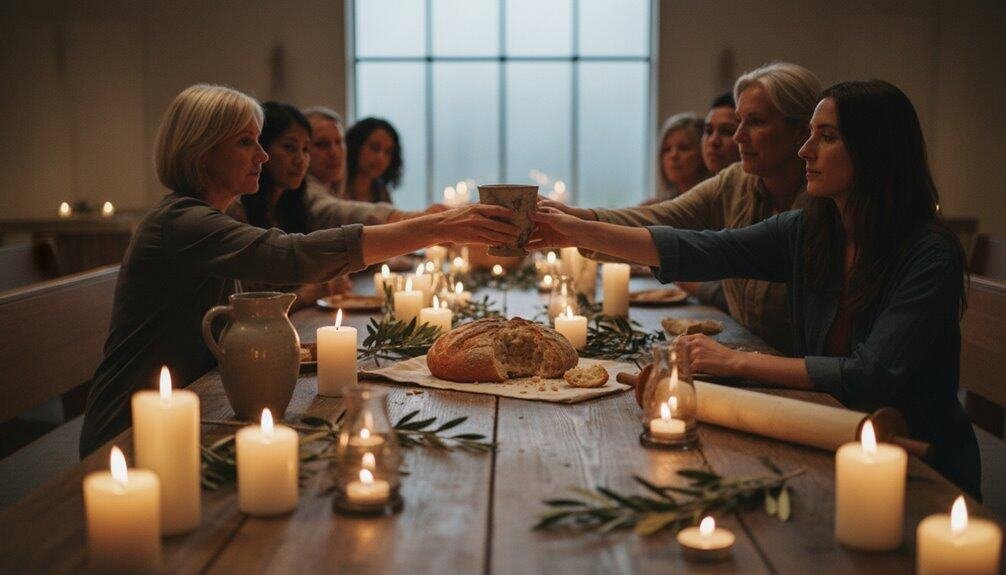 Bold and meaningful image representing women sharing a symbolic prayer or blessing at a peaceful, candlelit gathering around a table with bread and religious ambiance.