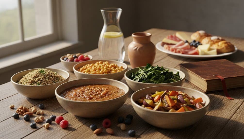 A variety of nutritious foods including beans, greens, roasted vegetables, and grains are displayed on a rustic wooden table, complemented by a Bible, emphasizing faith and spiritual nourishment alongside a wholesome meal.