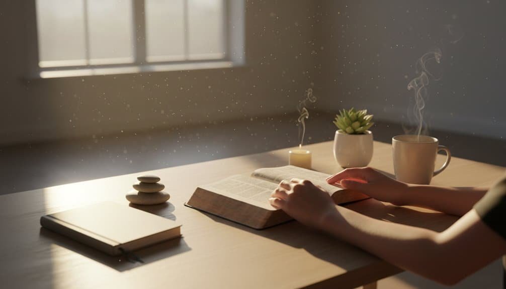 Enjoy a serene scene of a person reading the Bible at a sunlit table with a steaming coffee mug, candle, and a small potted plant, highlighting spiritual moments and meditation.