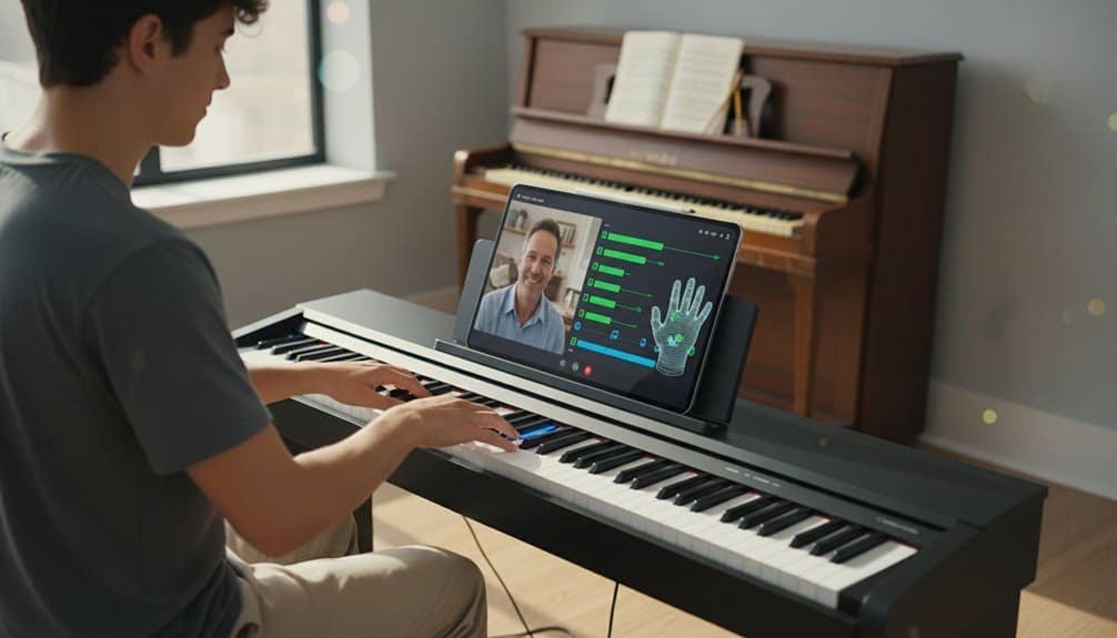 Digital piano with online music lesson on a tablet; virtual worship, Christian music practice, Bible songs, online spiritual education, and musical faith development.