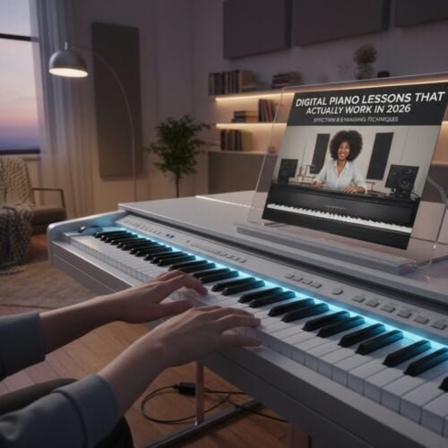 A person practicing church hymns on a digital piano at home for worship and spiritual growth.