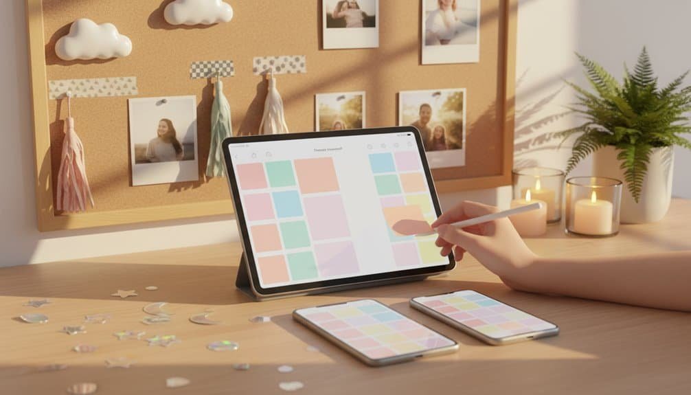 Brightly lit workspace with an inspirational pinboard featuring clouds and Polaroid photos, digital devices displaying colorful planning tools, and decorative candles and greenery, perfect for Bible song ministry planning.