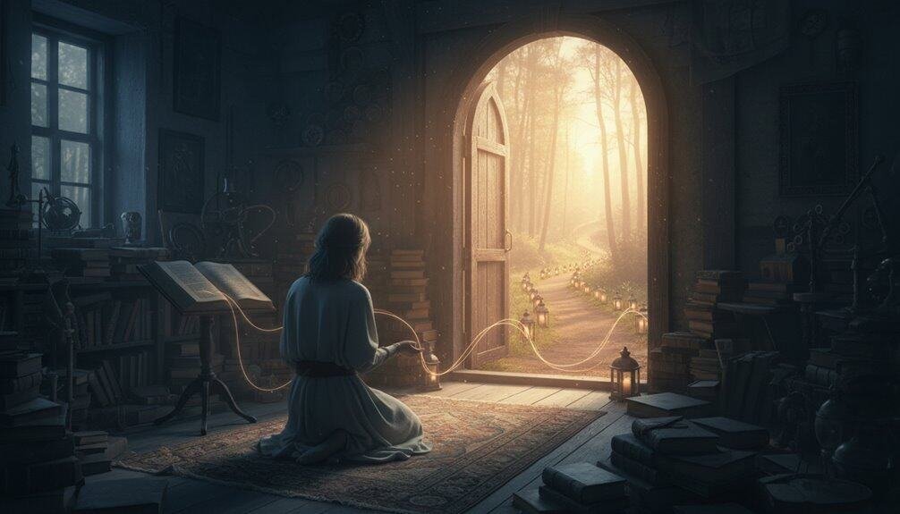 Soulful young woman kneeling in prayer inside a cozy, book-filled room, light of sunrise streaming through open door into peaceful forest, representing devotion, spirituality, and divine connection.
