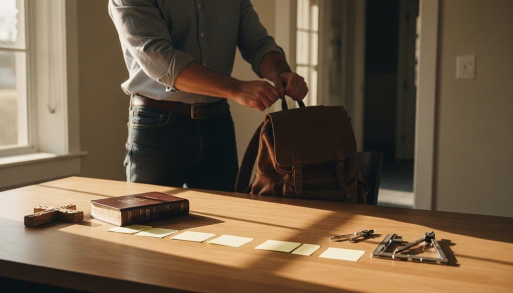 An individual preparing for spiritual time with Bible, prayer, and church worship in a cozy home setting.