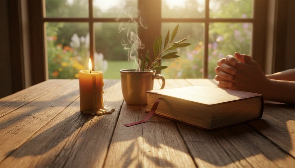 Peaceful image of a candle, Bible, and prayer hands by a window, perfect for spiritual reflection and Christian prayer.