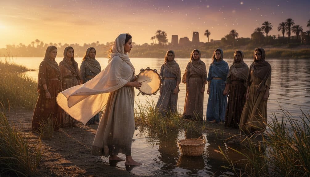 Women worshiping Jesus by the river during sunset, emphasizing faith, spirituality, prayer, Christian music, and religious gatherings.