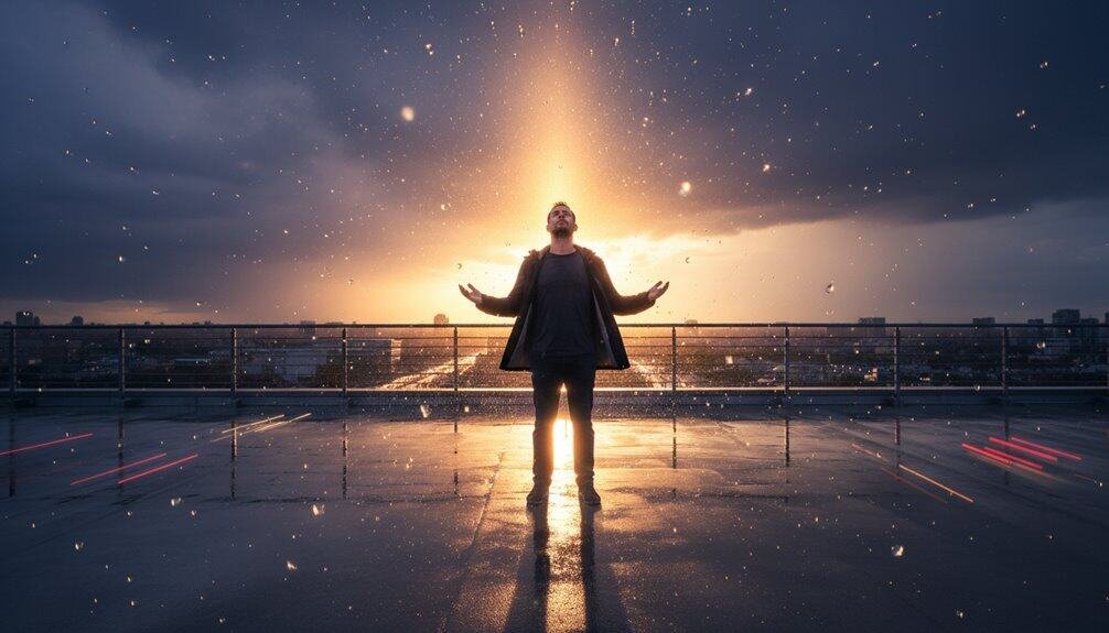 Uplifting worship with a man standing with arms open, symbolizing faith and spiritual hope, illuminated by a divine glow at sunset, perfect for Christian music and Bible song inspiration.