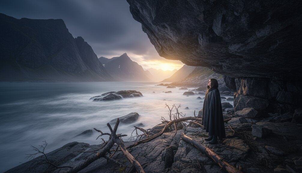 Peaceful woman praying by mountain lake at sunset, surrounded by rocky cliffs and calm waters, symbolizing spiritual reflection and faith.