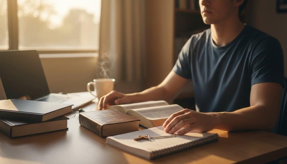 Calm person reading scripture in a cozy, sunlit room with books and a steaming coffee cup, emphasizing prayer, faith, and spiritual growth.