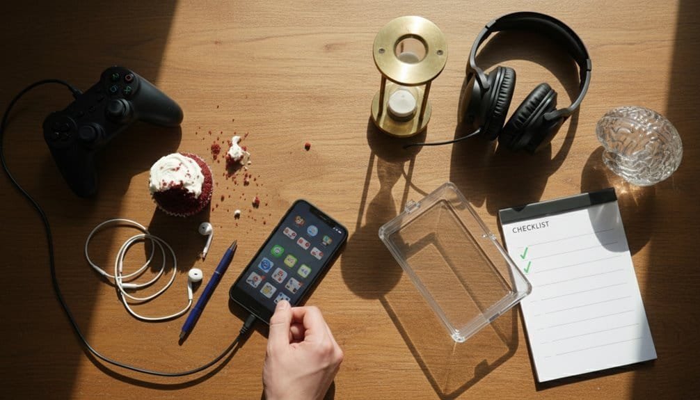 Decorative table with musical and digital elements for worship, praising God, and Bible song activities, including headphones, smartphone, pen, and checklist for spiritual events.