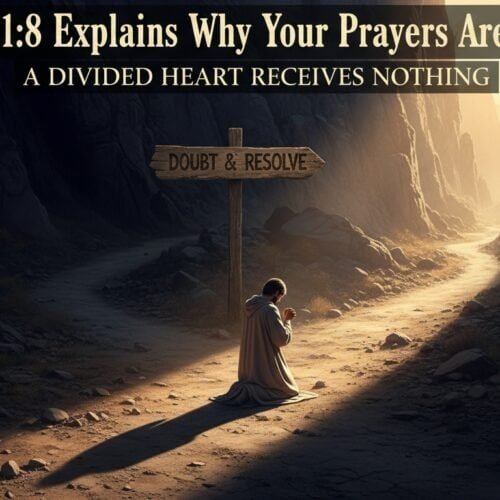 Praying in nature scene with "Doubt & Resolve" sign.