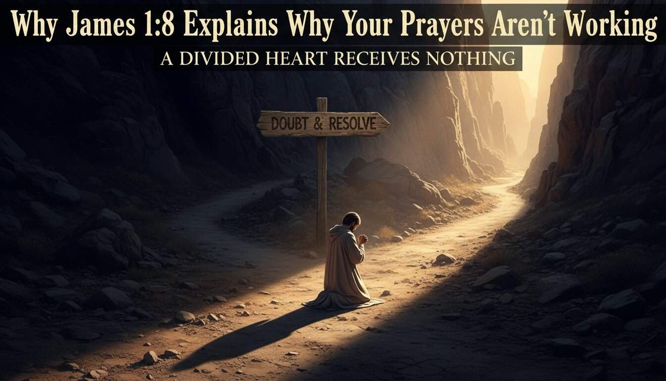 Praying in nature scene with "Doubt & Resolve" sign.