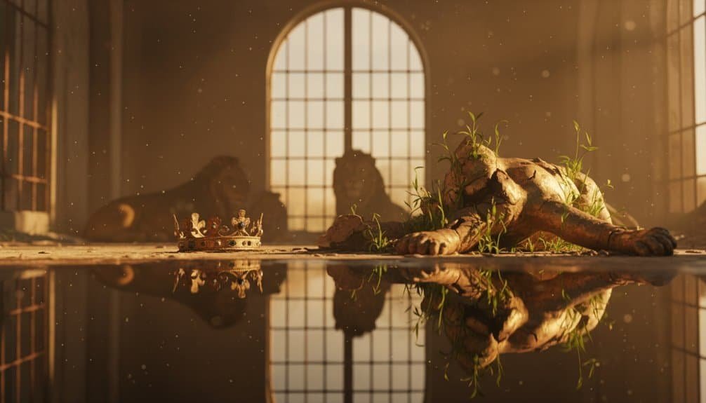 A vibrant lion lying near a water reflection with a crown nearby, symbolizing divine strength and sovereignty in a serene, sunlit setting.
