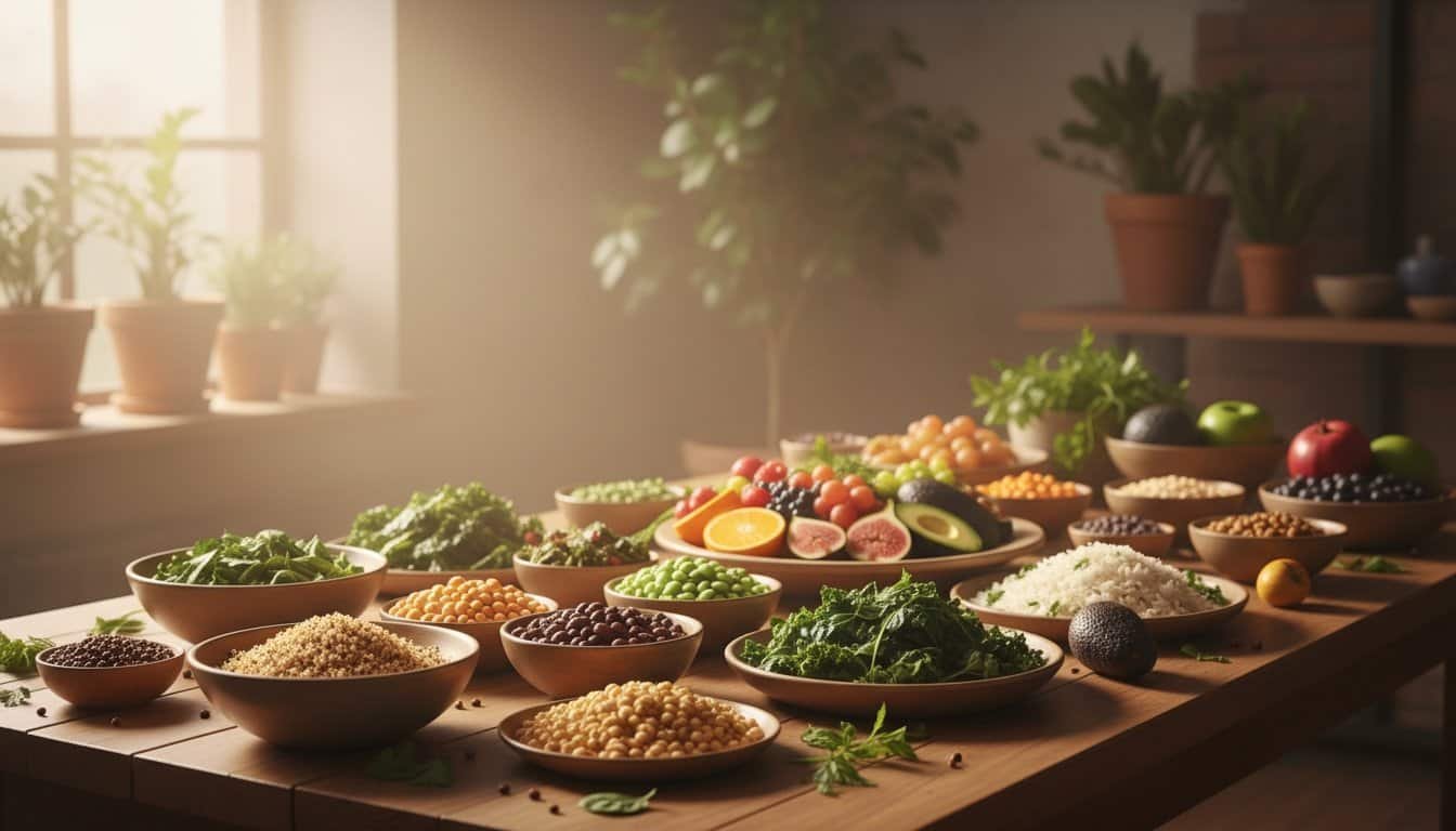 Colorful assortment of fresh fruits, grains, and vegetables displayed on a wooden table in a sunlit room, perfect for healthy eating and nutritious lifestyle.