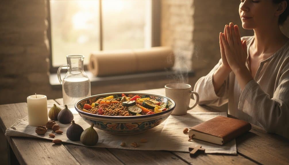 Praying woman during breakfast with a biblical feast for faith, gratitude, and spiritual connection. Perfect for religious and spiritual nourishment through prayer and scripture.