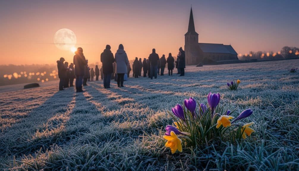 People praying outside church at dawn with colorful flowers and a full moon, emphasizing faith and spirituality in a peaceful natural setting.