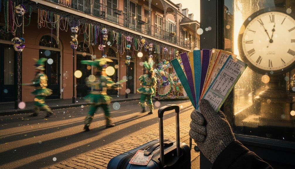Colorful Mardi Gras beads and masks hanging from buildings, lively street scene, blurred dancers in costumes, clock showing time, and travel tickets in a gloved hand.