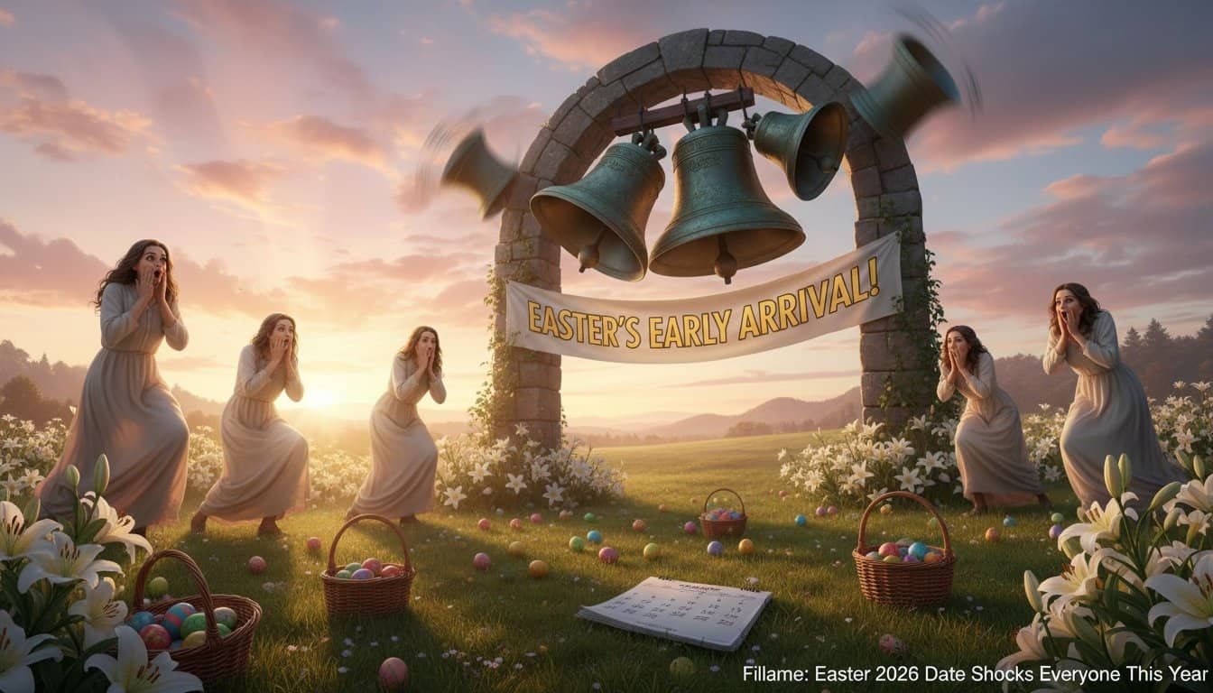 Vivid Easter morning scene with singing women and ringing bells celebrating the Lord's resurrection.