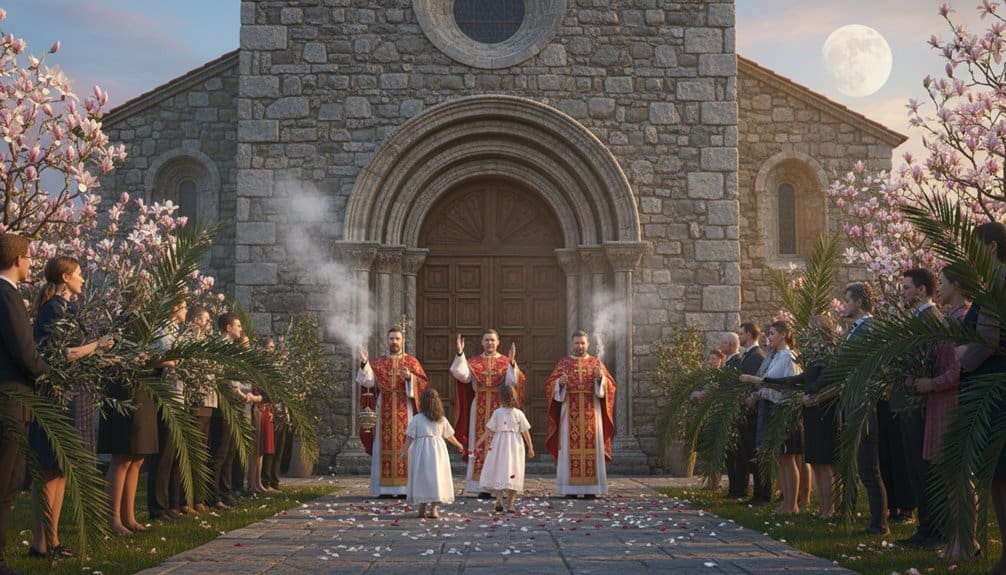 A beautiful wedding scene outside a stone church captures the blessing of a couple, surrounded by guests with palm branches and flowers, highlighting faith and celebration.