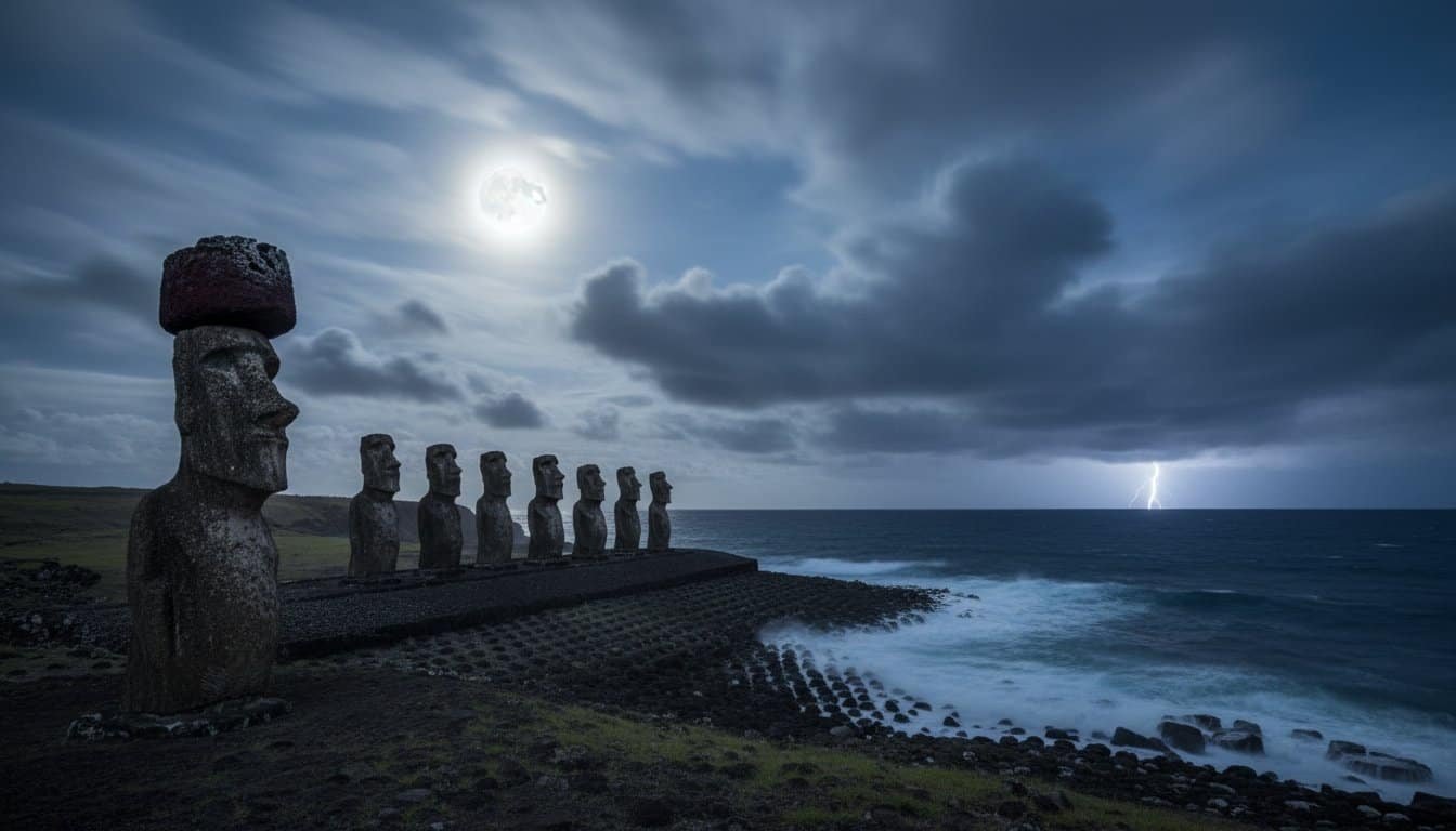 Vivid moonlit scene of Moai statues under a glowing full moon with stormy clouds, overlooking the ocean with lightning in the background, highlighting Polynesian culture and natural beauty.
