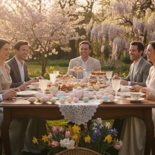 Easter Monday 2026: Why This Holiday Matters More Now My Bible Song 2026 A group of cheerful adults enjoying a festive Easter tea party outdoors amid blooming cherry blossoms, featuring decorated eggs, pastries, and spring flowers, creating a warm, joyful atmosphere.