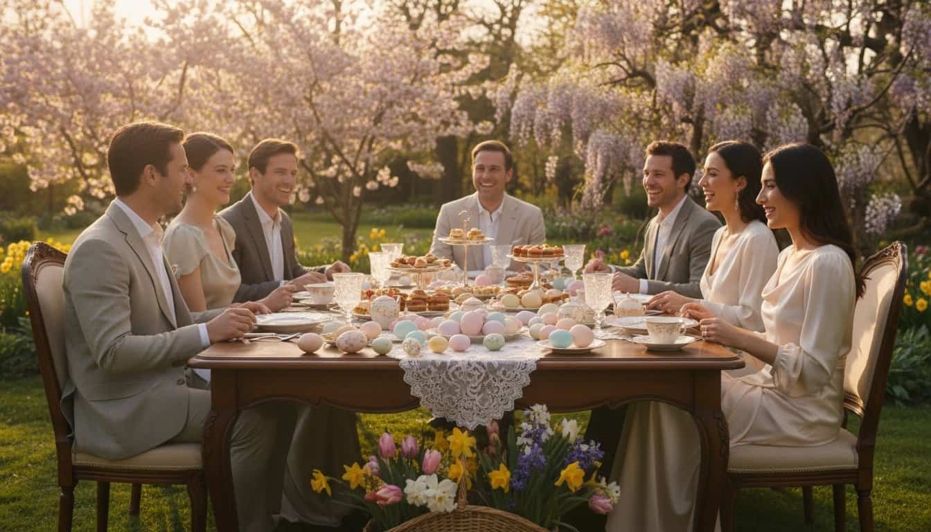 A group of cheerful adults enjoying a festive Easter tea party outdoors amid blooming cherry blossoms, featuring decorated eggs, pastries, and spring flowers, creating a warm, joyful atmosphere.