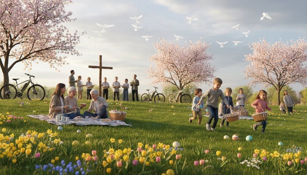 A joyful outdoor Easter celebration with children and families in a springtime park, featuring cherry blossoms, Easter eggs, and a cross, emphasizing faith, family, and spring renewal.